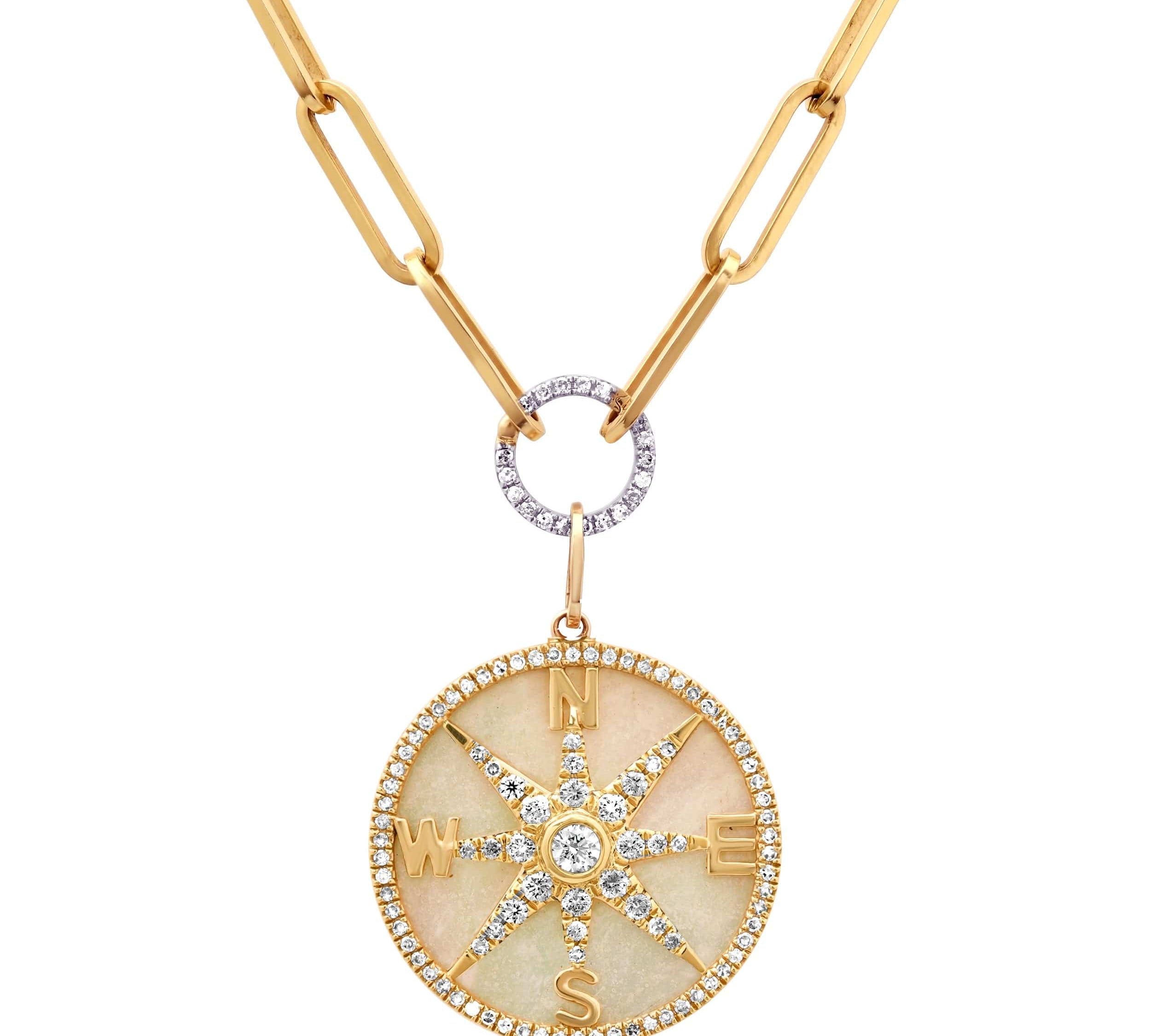 Charms & Pendants 14K Gold Mother of Pearl and Pave Diamond Compass Charm, Full Diamonds