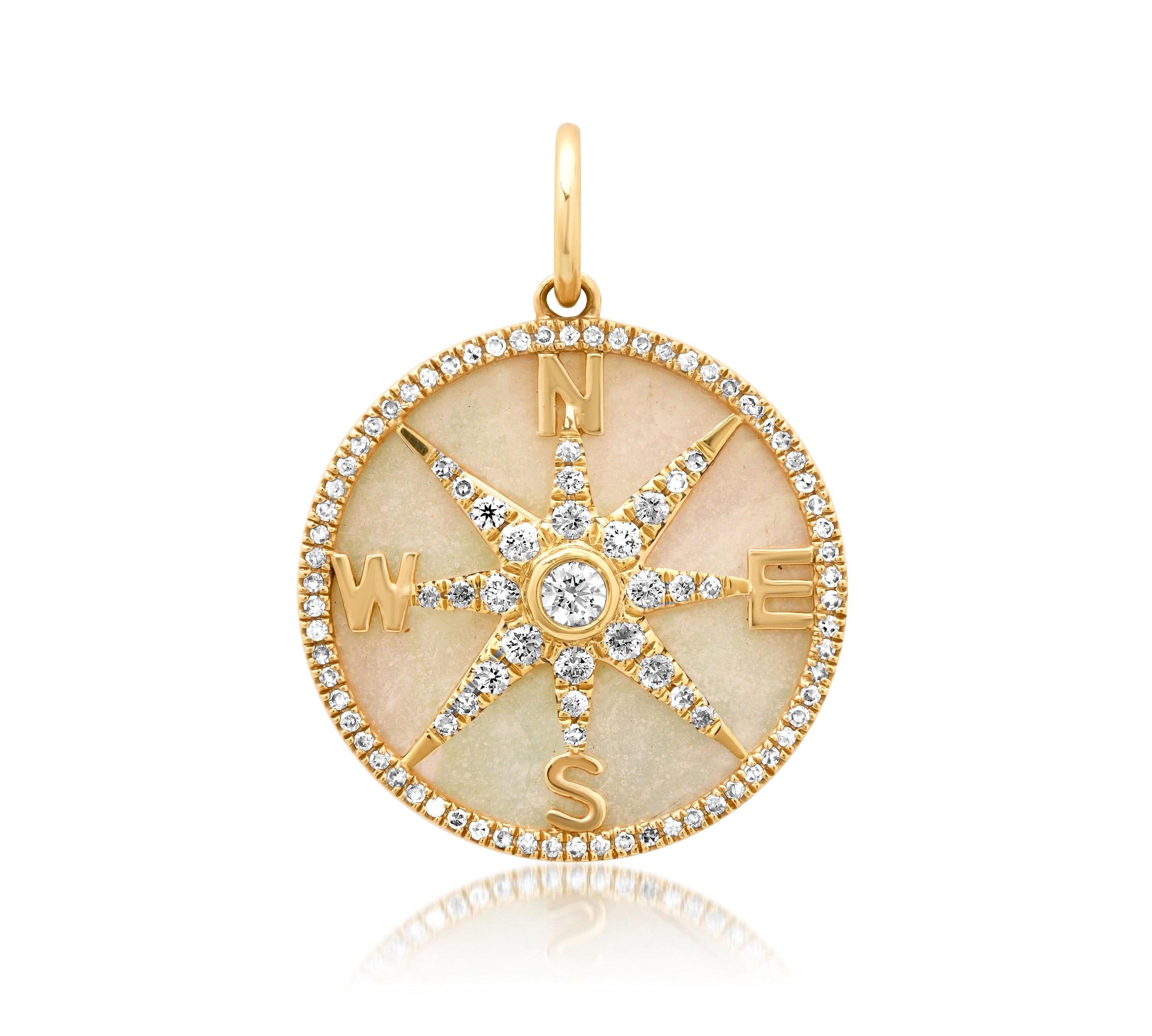 Charms & Pendants 14K Gold Mother of Pearl and Pave Diamond Compass Charm, Full Diamonds