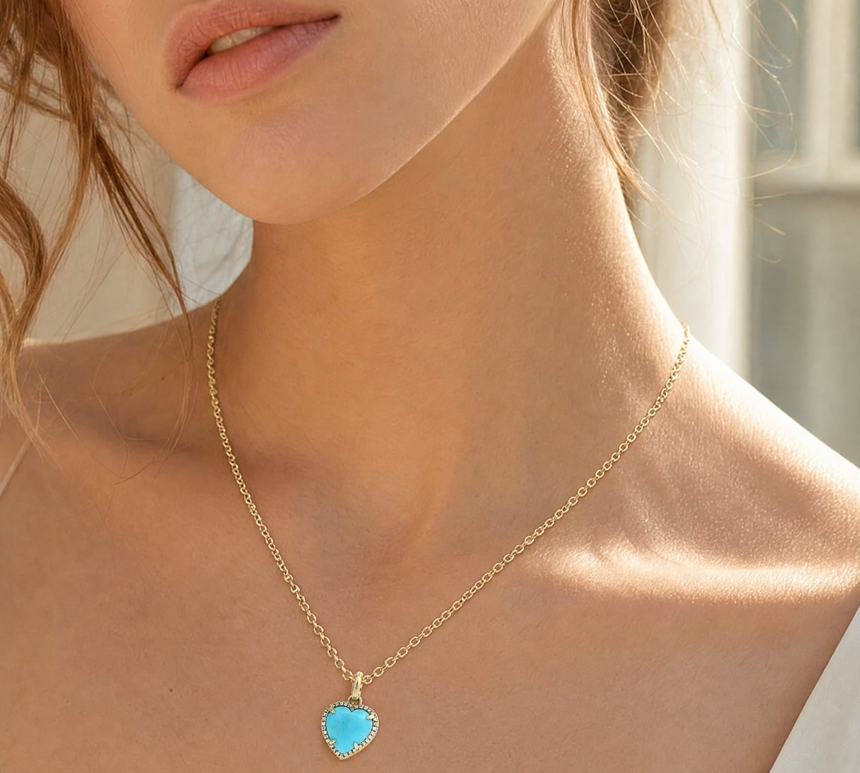 Charms & Pendants 14K Gold Turquoise and Micro-Pave Diamond Puffy Heart Charm, Small