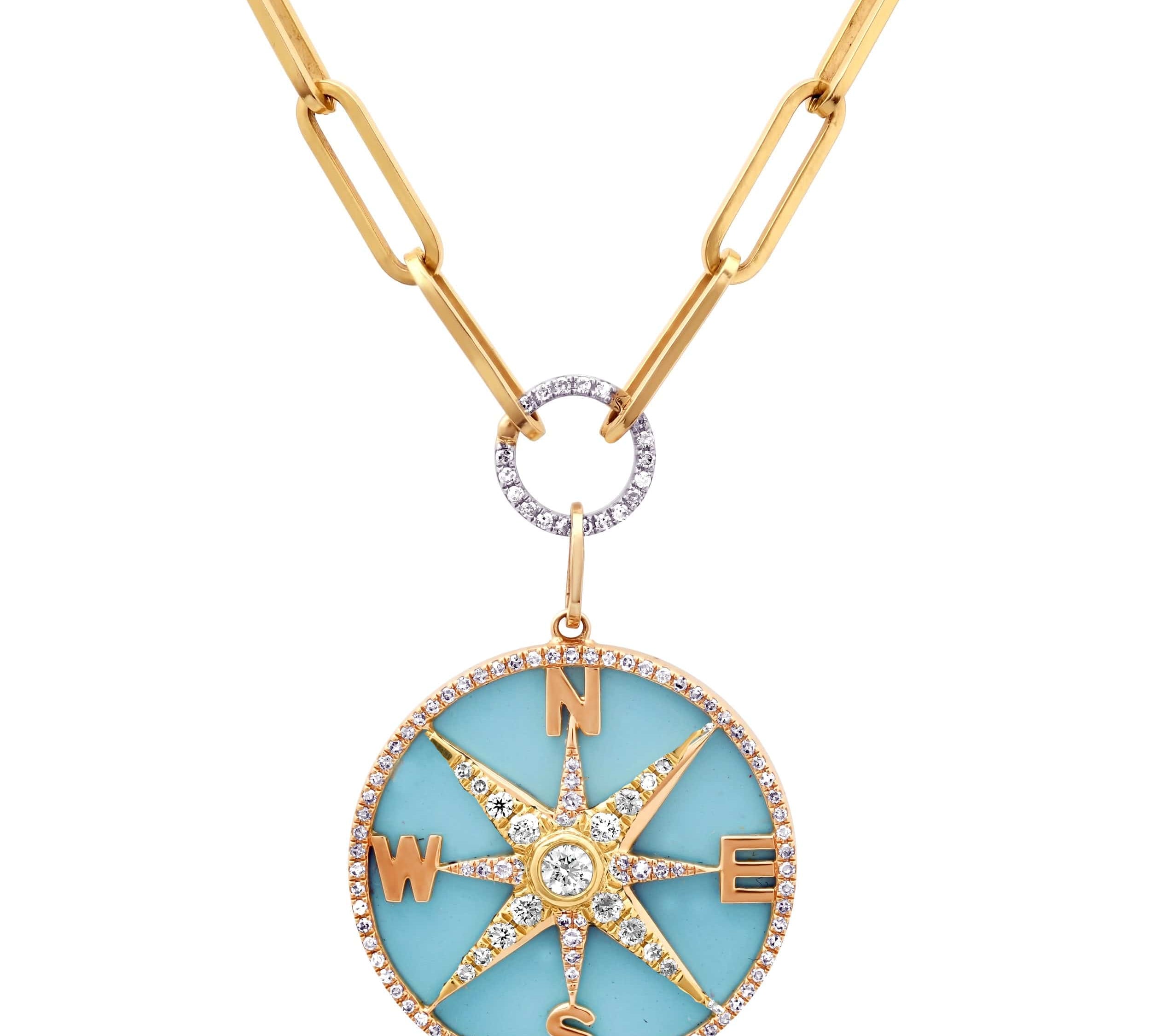 Charms & Pendants 14K Gold Turquoise and Pave Diamond Compass Charm, Full Diamonds