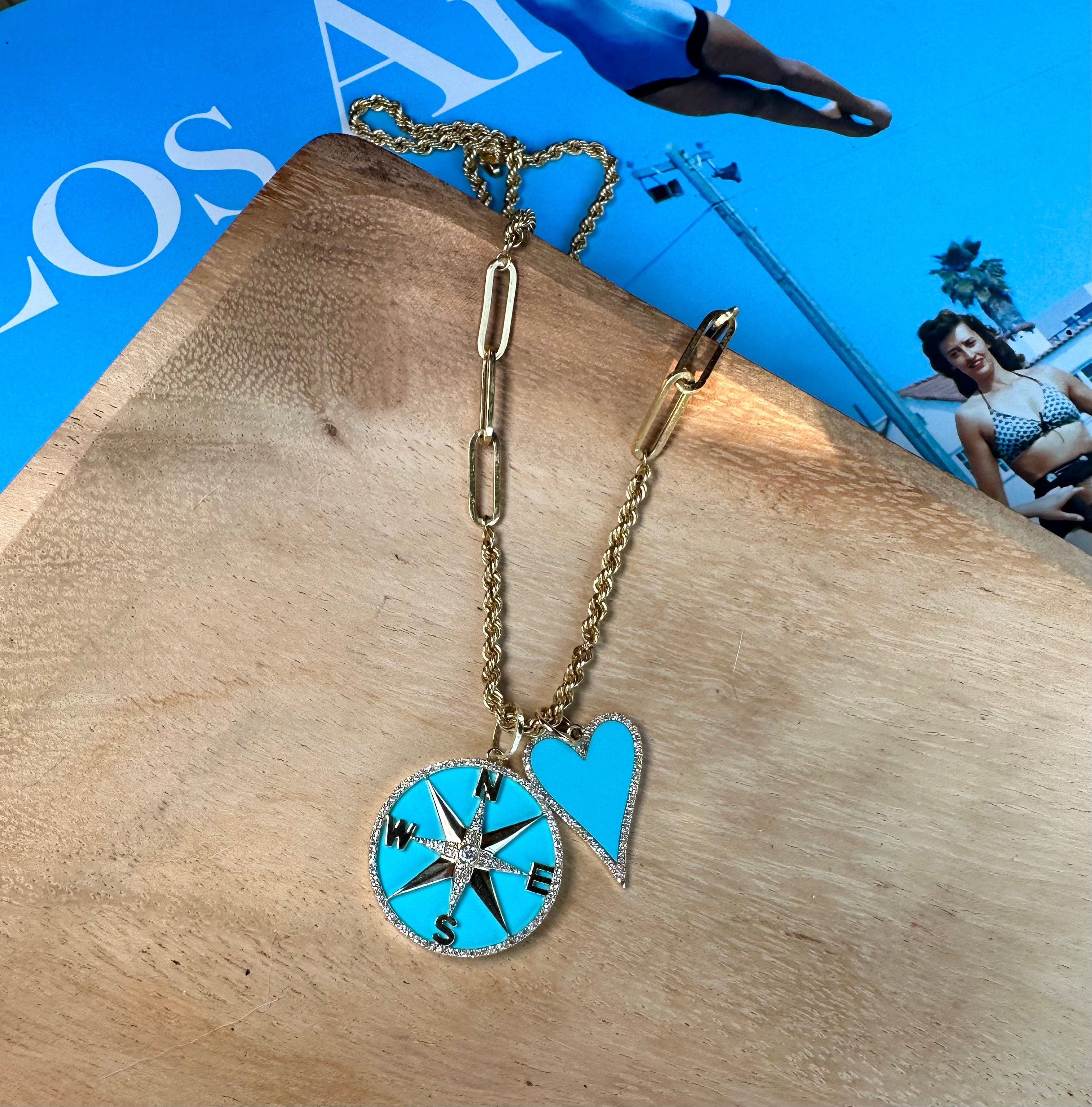 Charms & Pendants 14K Gold Turquoise and Pave Diamond Compass Charm, Large
