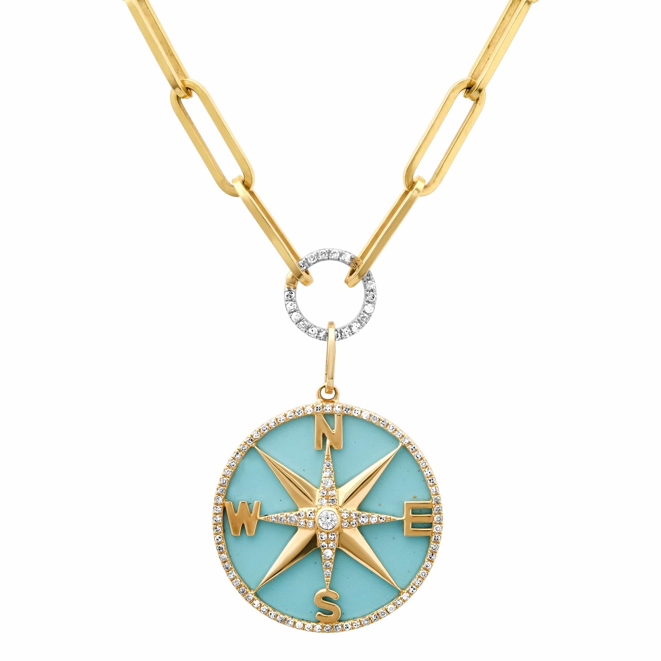 Charms & Pendants 14K Gold Turquoise and Pave Diamond Compass Charm, Large