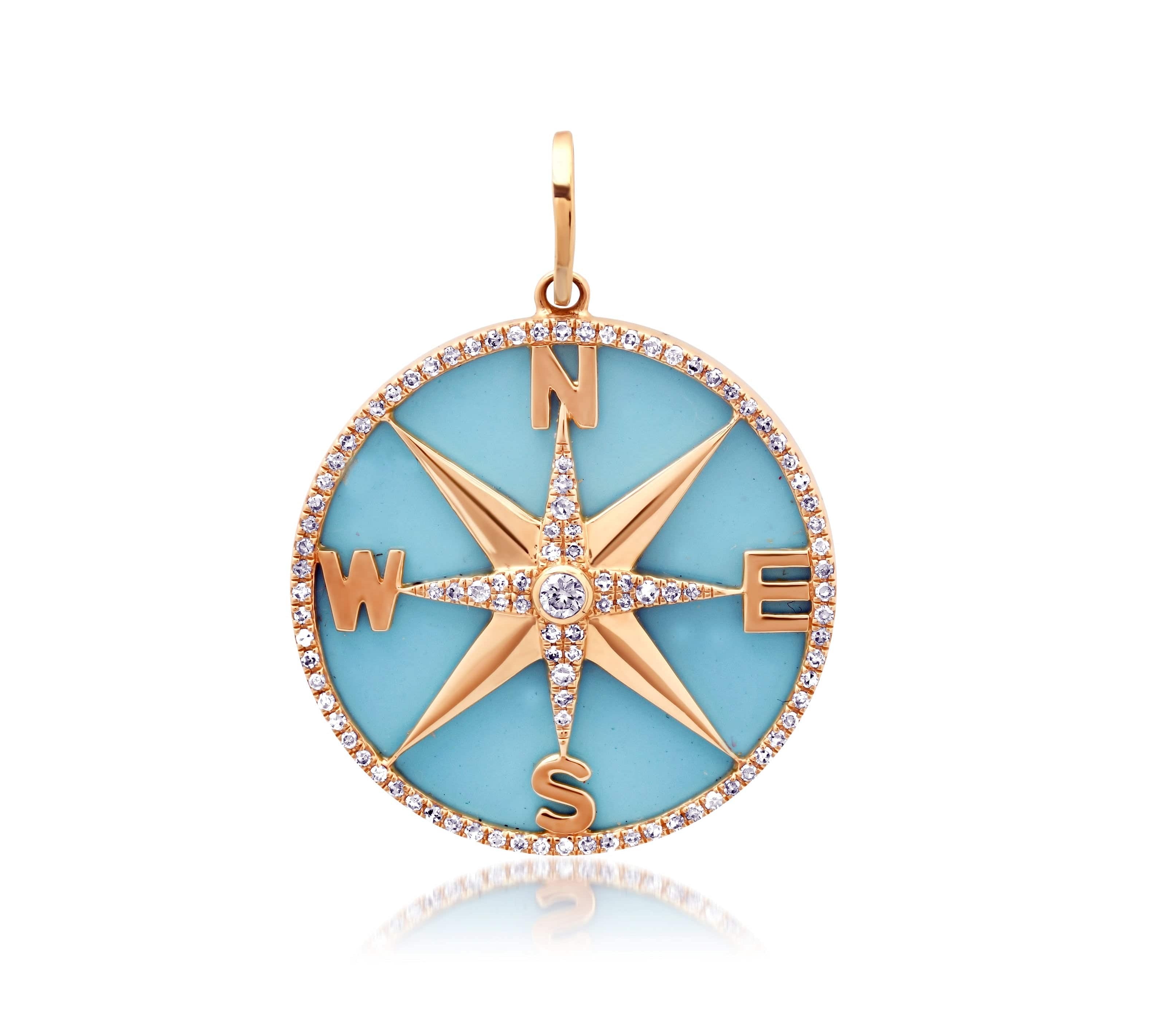 Charms & Pendants 14K Gold Turquoise and Pave Diamond Compass Charm, Medium