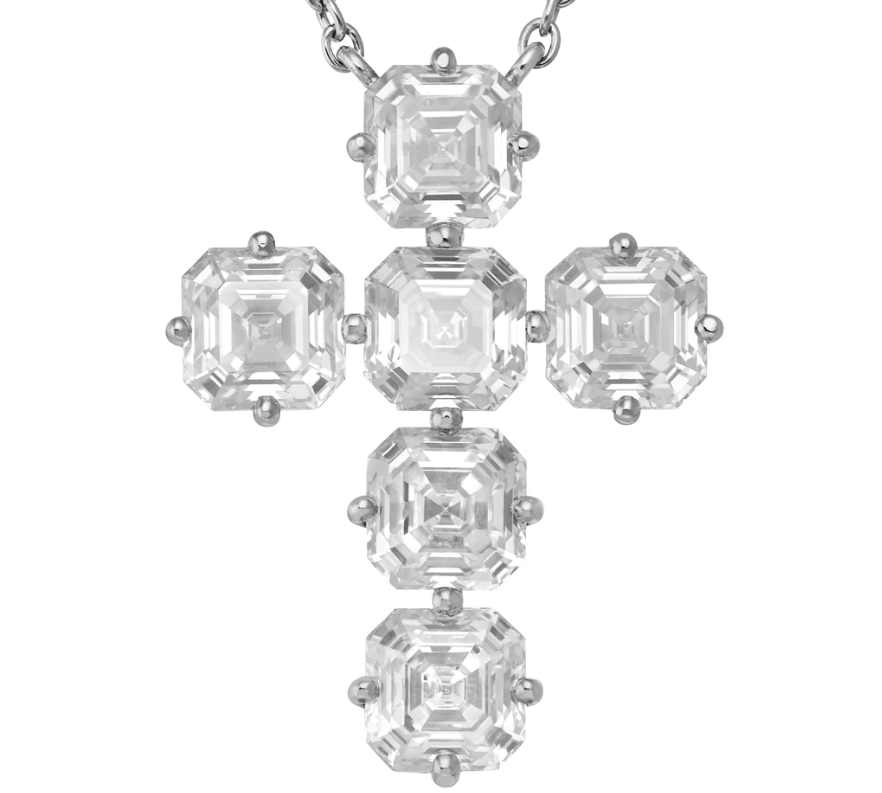 Charms & Pendants Diamond Asscher Cut Cross in Solid 18K Gold