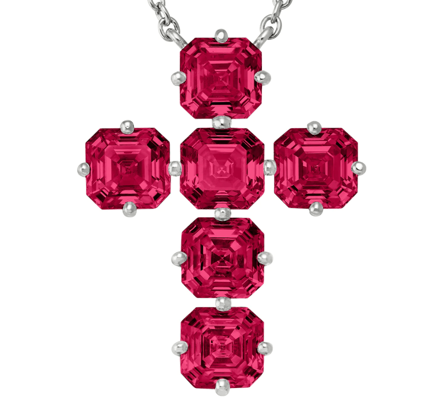 Charms & Pendants Mozambique Ruby Asscher Cut Cross in Solid 18K Gold