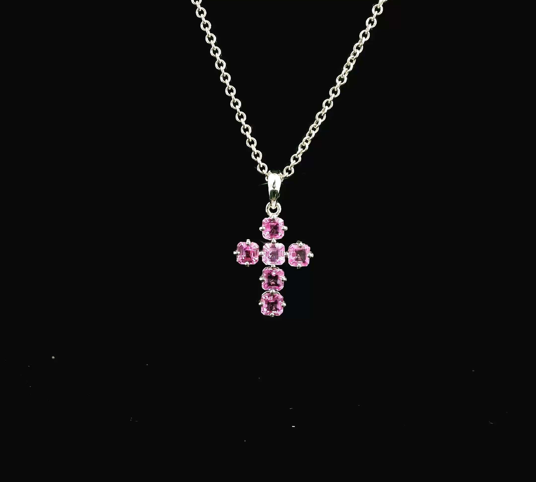 Charms & Pendants Pink Sapphire Asscher Cut Cross in Solid 18K Gold, 16.6mm