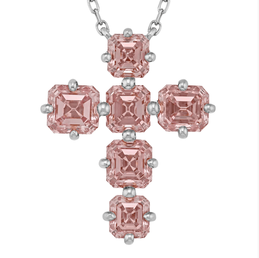 Charms & Pendants Pink Sapphire Asscher Cut Cross in Solid 18K Gold