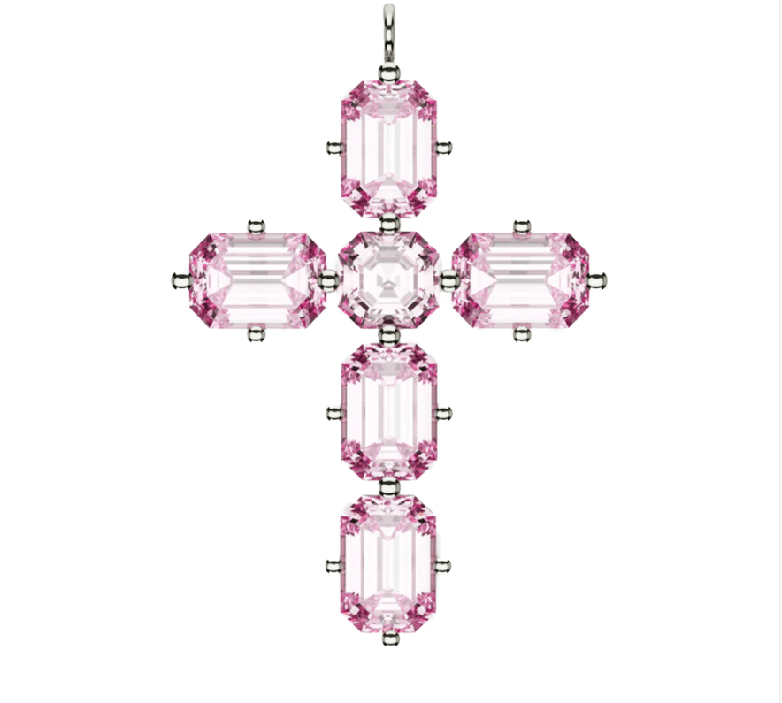 Charms & Pendants Pink Sapphire Emerald & Asscher Cut Cross  in Solid 18K Gold