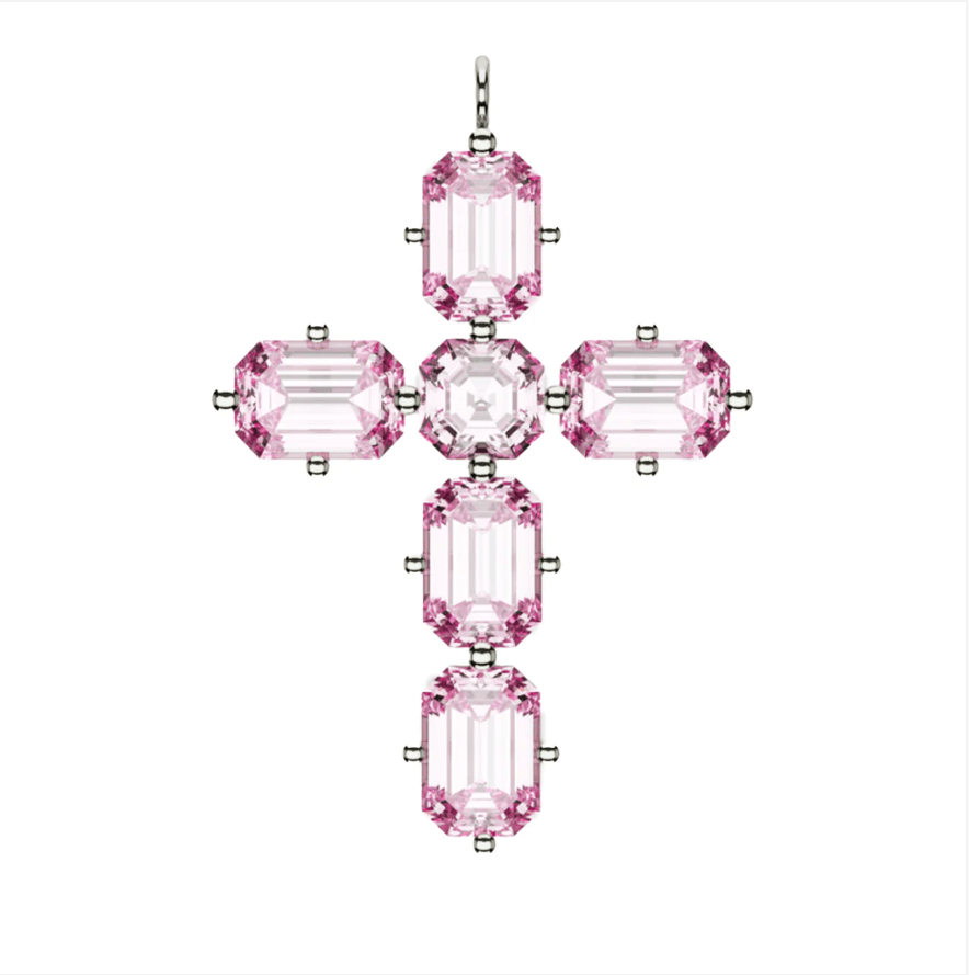 Charms & Pendants Pink Sapphire Emerald & Asscher Cut Cross  in Solid 18K Gold
