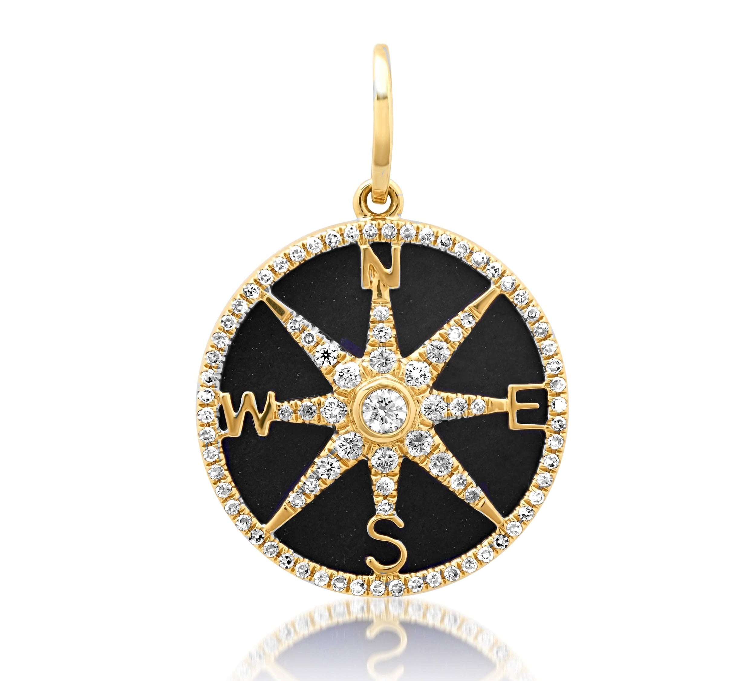 Charms & Pendants Rose Gold 14K Gold Black Onyx and Pave Diamond Compass Charm, Full Diamonds
