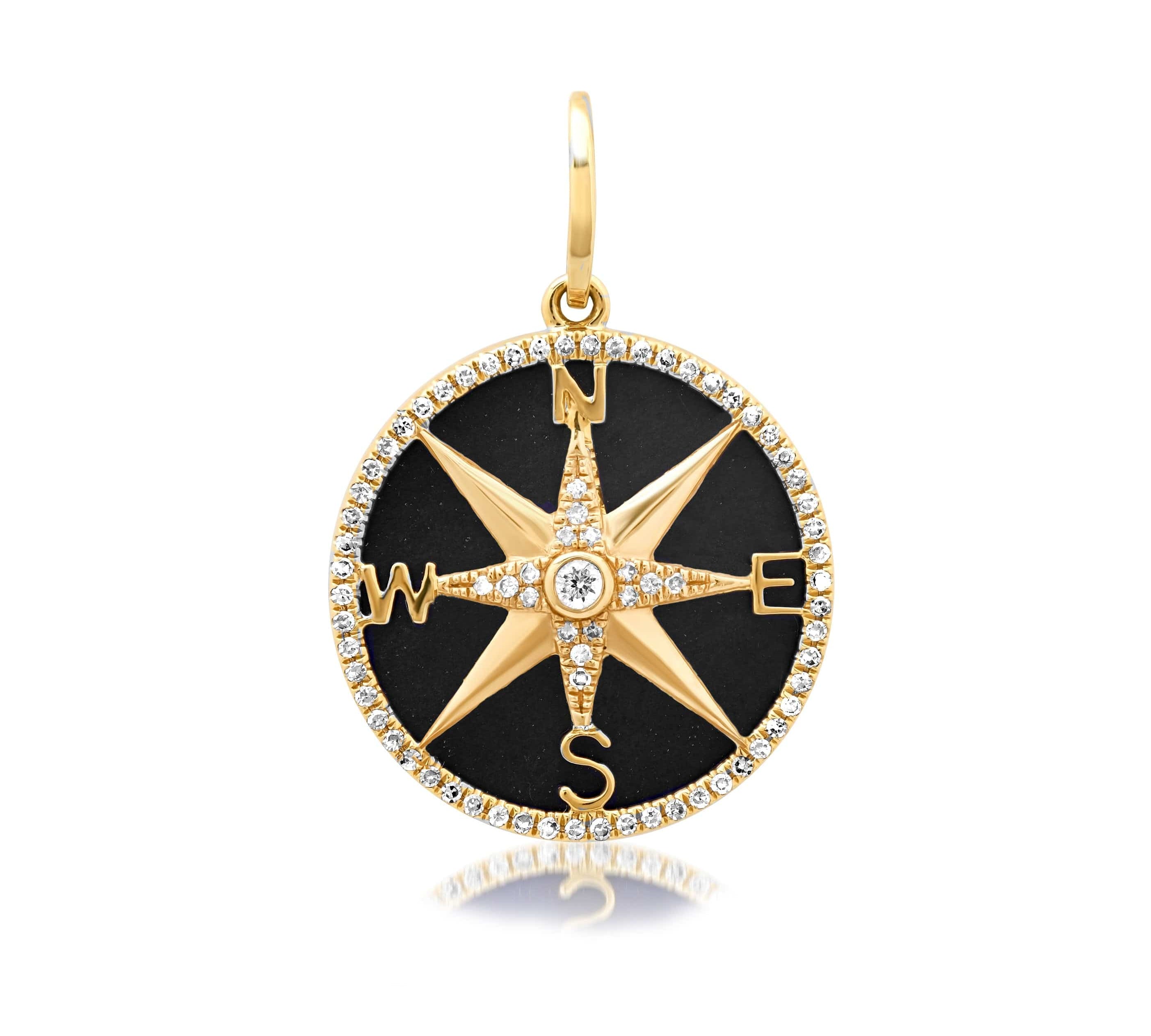 Charms & Pendants Rose Gold 14K Gold Black Onyx and Pave Diamond Compass Charm, Medium