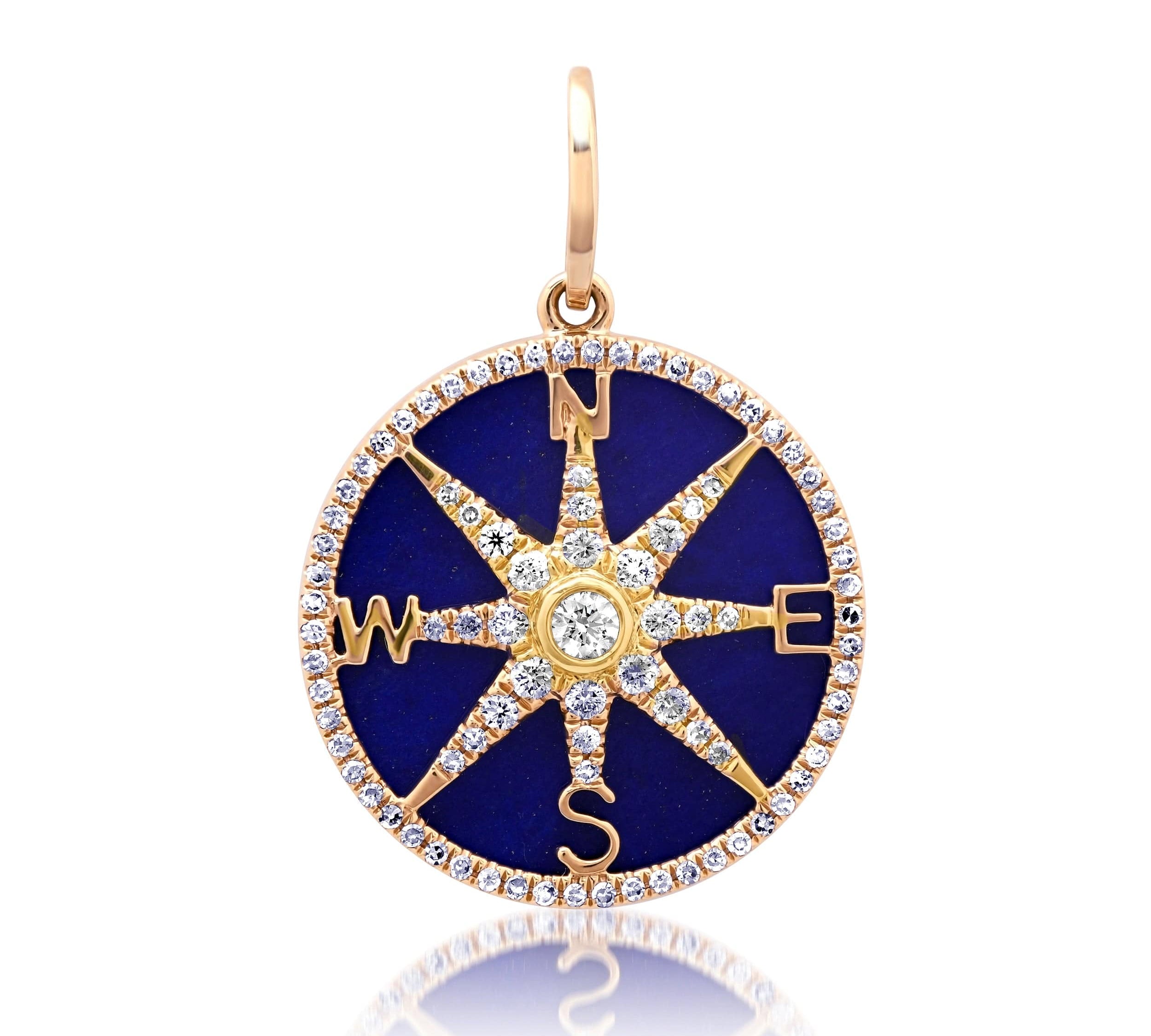Charms & Pendants Rose Gold 14K Gold Lapis and Pave Diamond Compass Charm, Full Diamonds