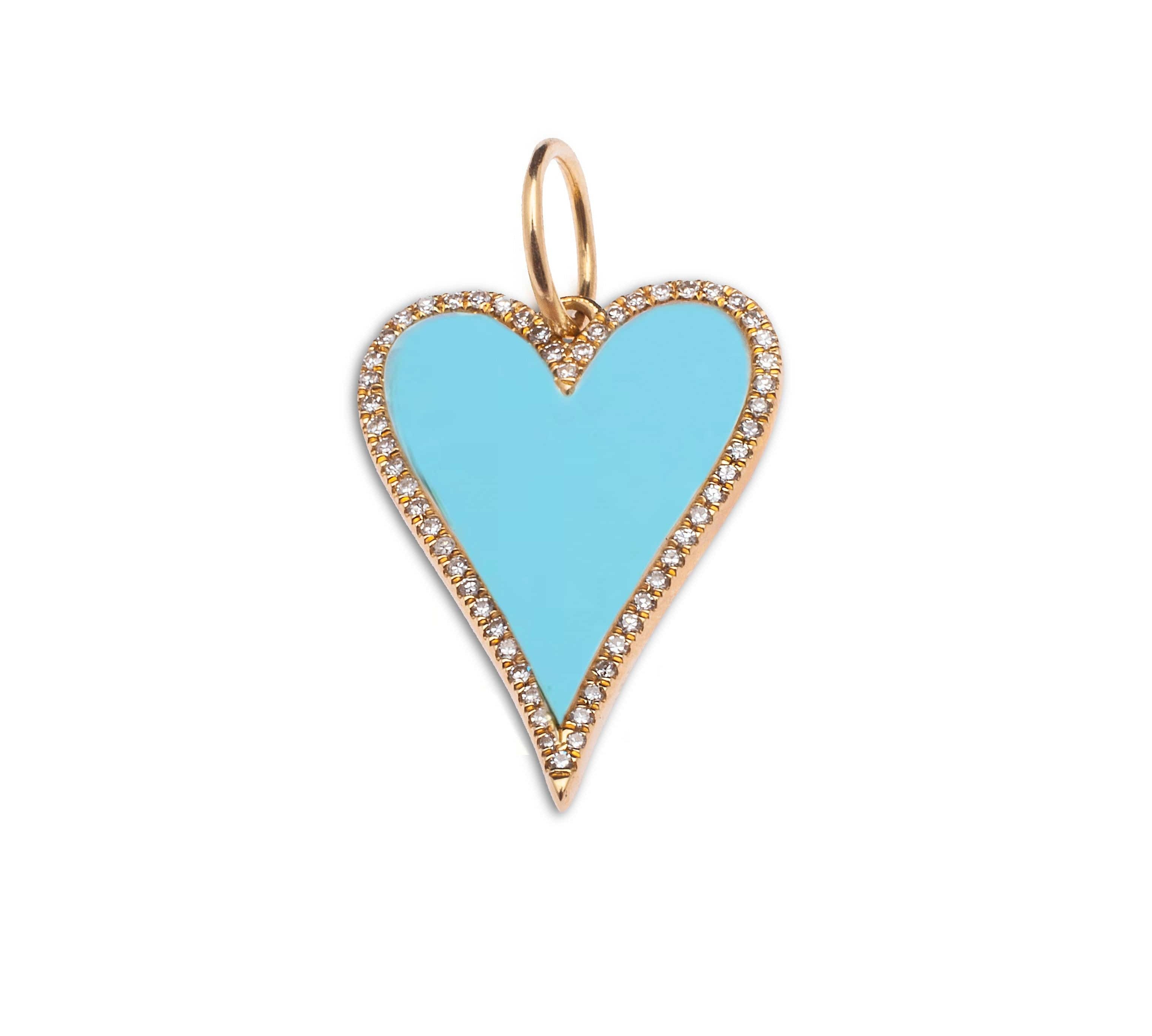 Charms & Pendants Rose Gold 14K Gold Large Turquoise and Diamond Elongated Heart Charm