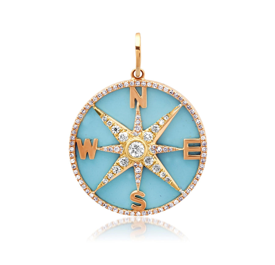 Charms & Pendants Rose Gold 14K Gold Turquoise and Pave Diamond Compass Charm, Full Diamonds