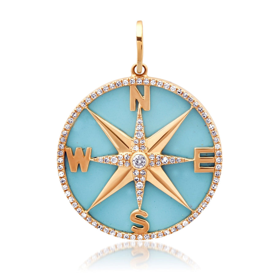 Charms & Pendants Rose Gold 14K Gold Turquoise and Pave Diamond Compass Charm, Large