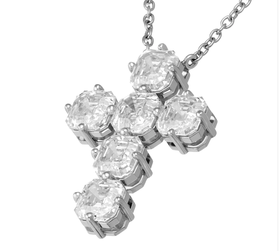 Charms & Pendants Rose Gold / 18K Gold Diamond Asscher Cut Cross in Solid 18K Gold