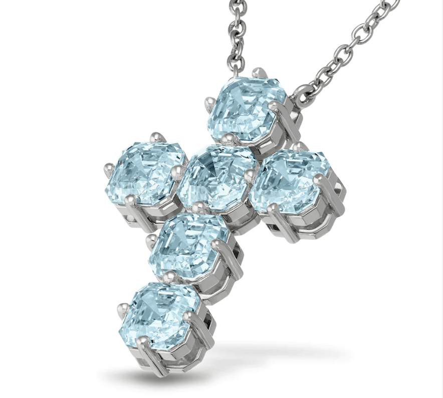 Charms & Pendants Rose Gold / 18K Gold Light Blue Sapphire Asscher Cut Cross in Solid 18K Gold