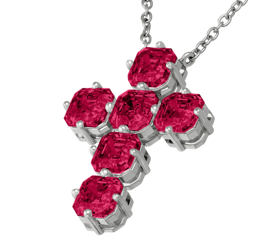 Charms & Pendants Rose Gold / 18K Gold Mozambique Ruby Asscher Cut Cross in Solid 18K Gold