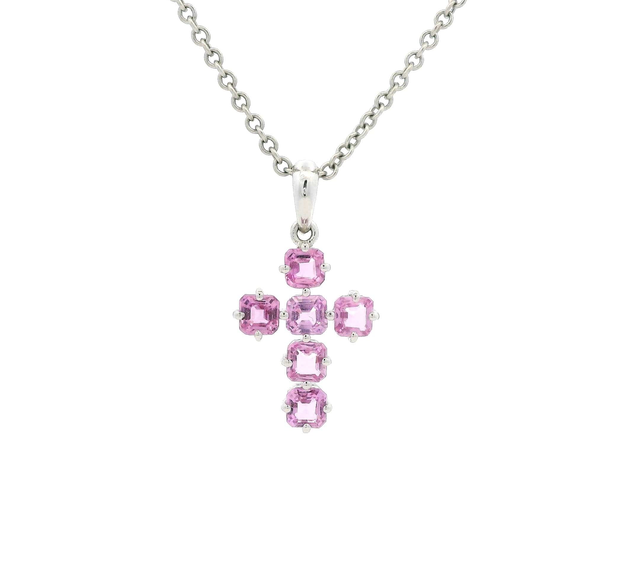 Charms & Pendants Rose Gold / 18K Gold Pink Sapphire Asscher Cut Cross in Solid 18K Gold, 16.6mm