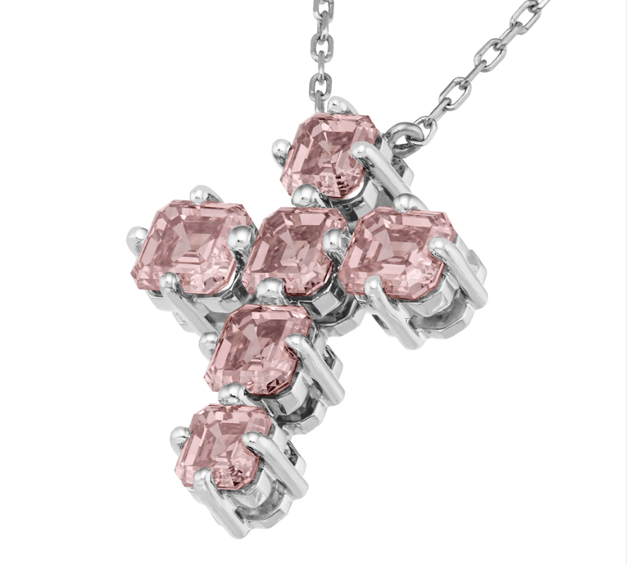 Charms & Pendants Rose Gold / 18K Gold Pink Sapphire Asscher Cut Cross in Solid 18K Gold