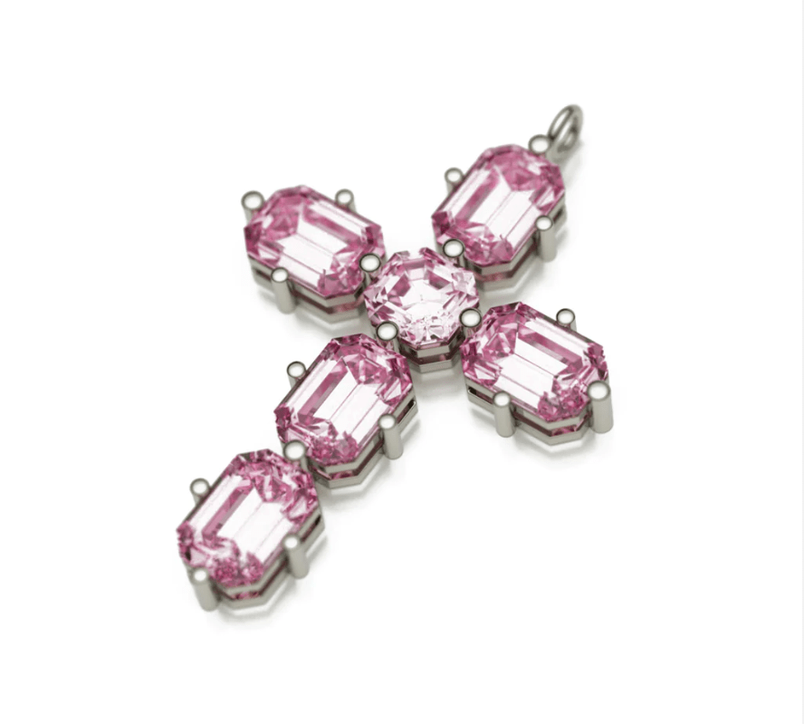 Charms & Pendants Rose Gold / 18K Gold Pink Sapphire Emerald & Asscher Cut Cross  in Solid 18K Gold