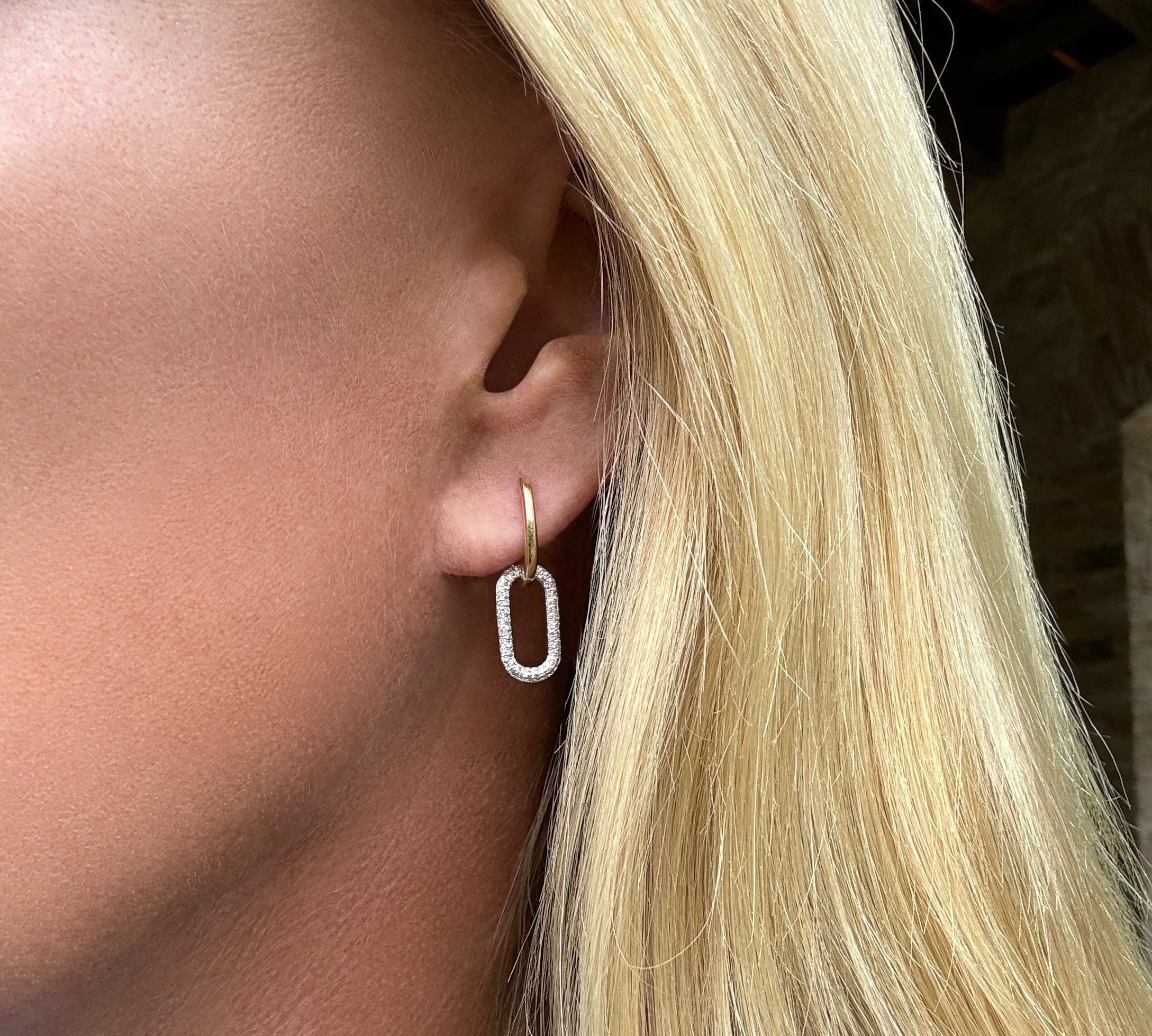 Earrings 14 & 18K Two Link Paperclip and Pave Diamond Drop Hoop Earrings