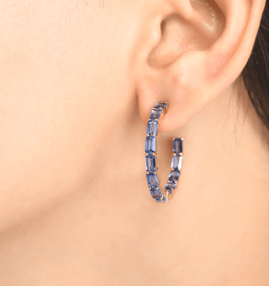 Earrings 14K & 18K Gold Blue Sapphire Inside Outside Hoop Earrings
