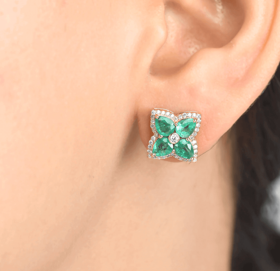Earrings 14K & 18K Gold Emerald and Diamond Clover Flower Stud Earrings