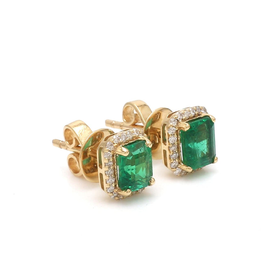 Earrings 14K & 18K Gold Emerald and Halo Diamond Stud Earrings