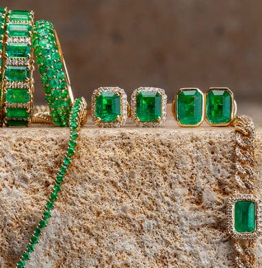 Earrings 14K & 18K Gold Emerald and Halo Diamond Stud Earrings