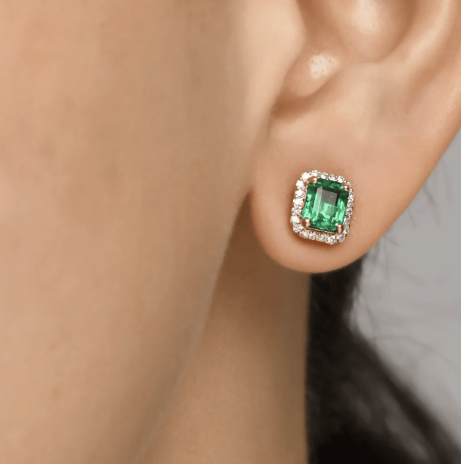 Earrings 14K & 18K Gold Emerald and Halo Diamond Stud Earrings