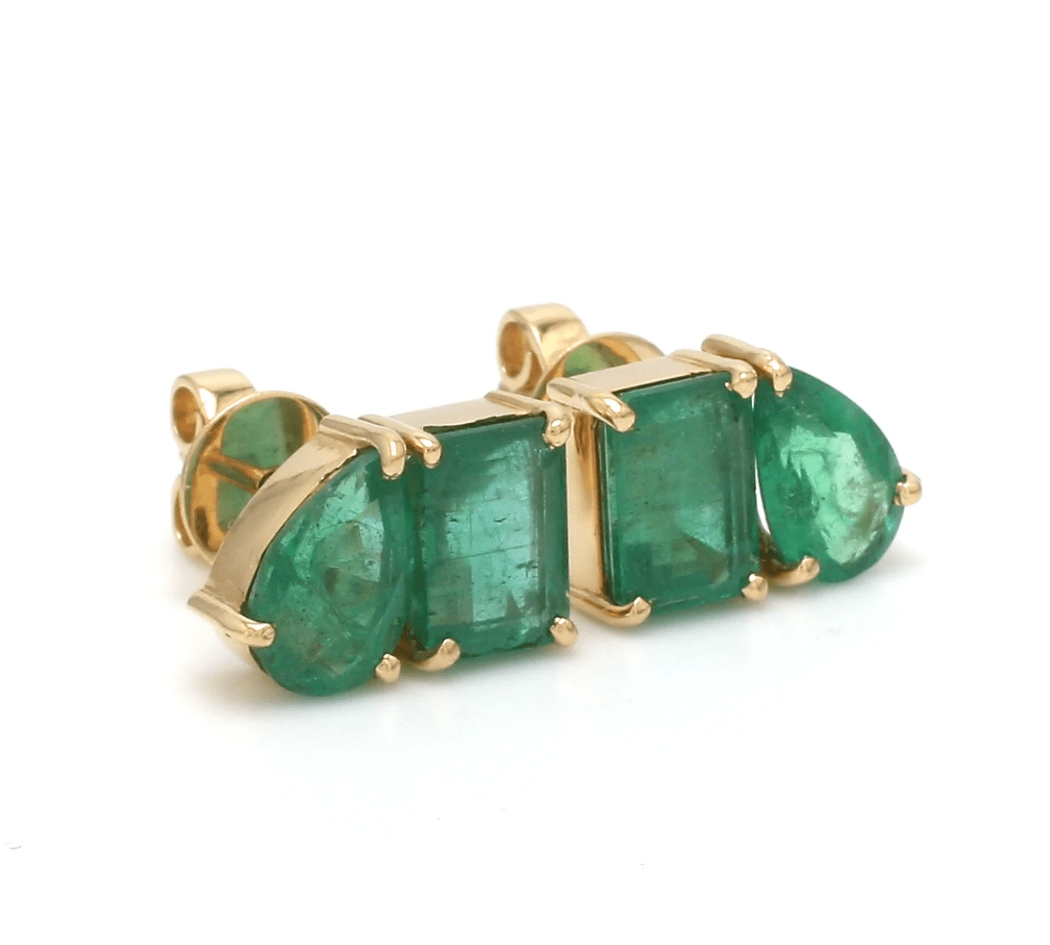 Earrings 14K & 18K Gold Emerald, Emerald & Pear Shape Double Stone Stud Earrings