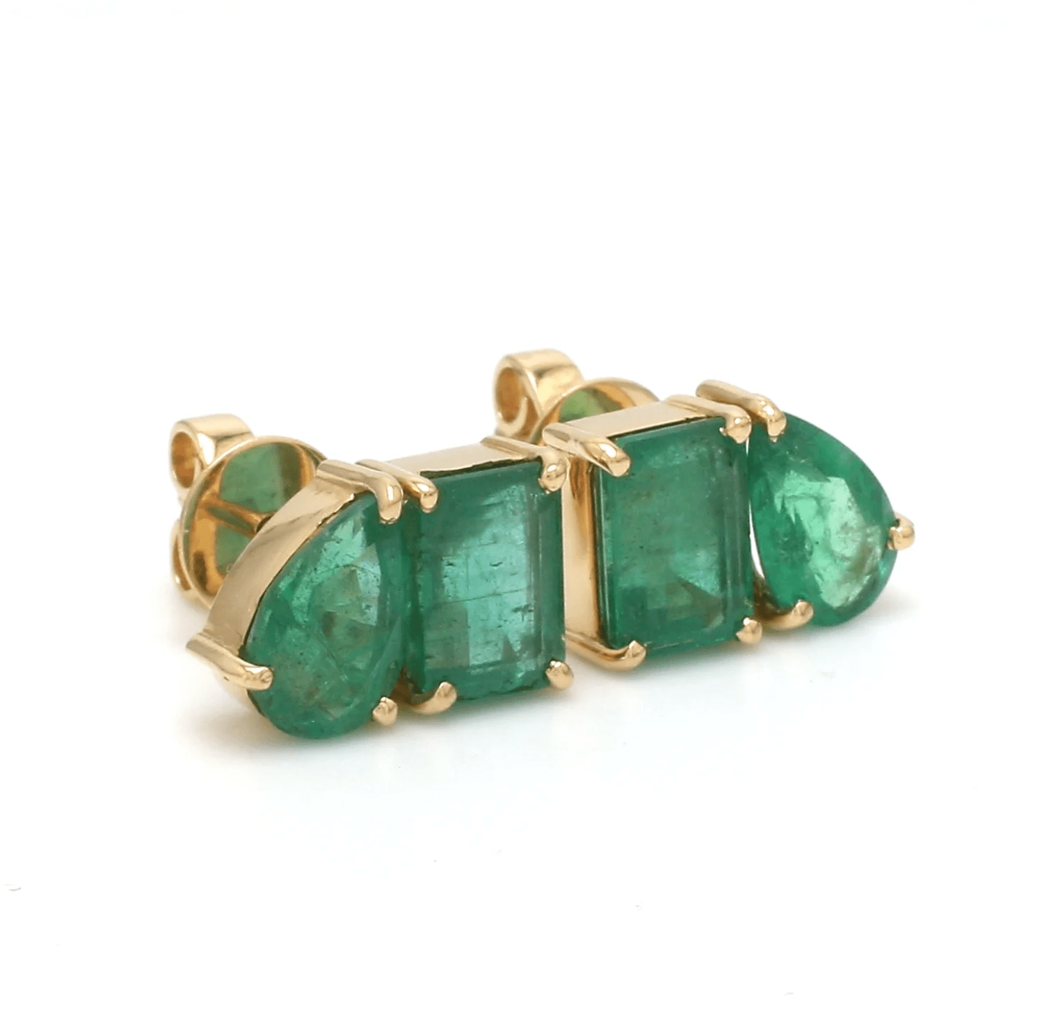 Earrings 14K & 18K Gold Emerald, Emerald & Pear Shape Double Stone Stud Earrings