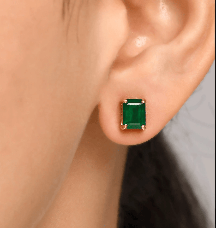 Earrings 14K & 18K Gold Emerald Stud Earrings, 6 x 4 mm