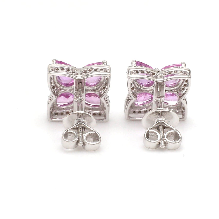 Earrings 14K & 18K Gold Pink Sapphire and Diamond Clover Flower Stud Earrings