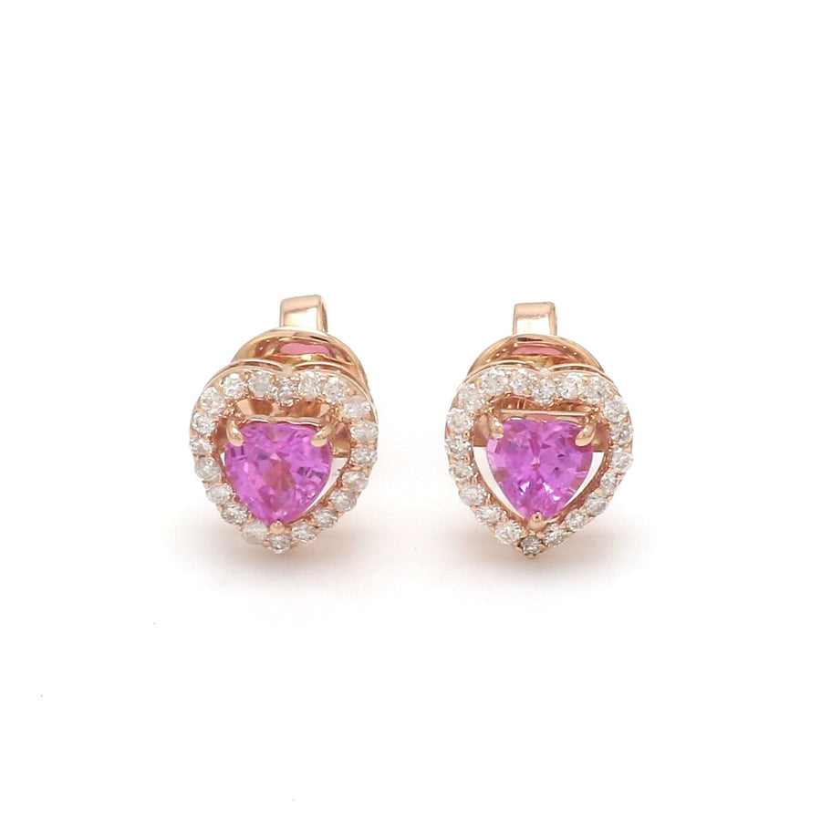 Earrings 14K & 18K Gold Pink Sapphire Heart and Halo Diamond Stud Earrings