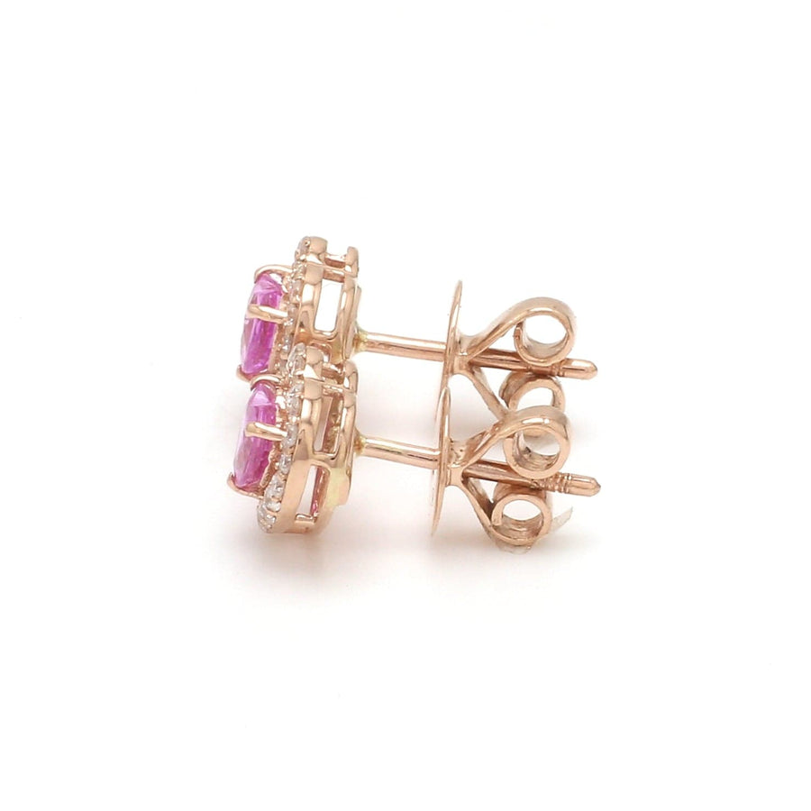 Earrings 14K & 18K Gold Pink Sapphire Heart and Halo Diamond Stud Earrings