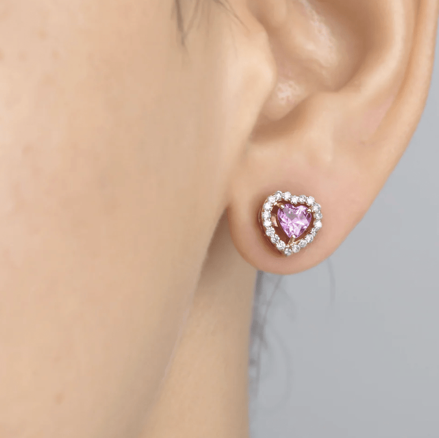 Earrings 14K & 18K Gold Pink Sapphire Heart and Halo Diamond Stud Earrings