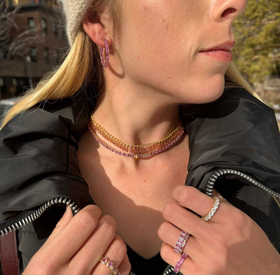 Earrings 14K & 18K Gold Pink Sapphire Inside Outside Hoop Earrings
