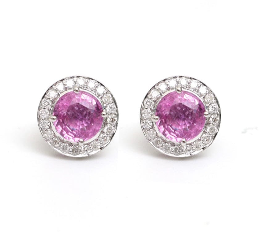 Earrings 14K & 18K Gold Pink Sapphire Round Halo Diamond Stud Earrings