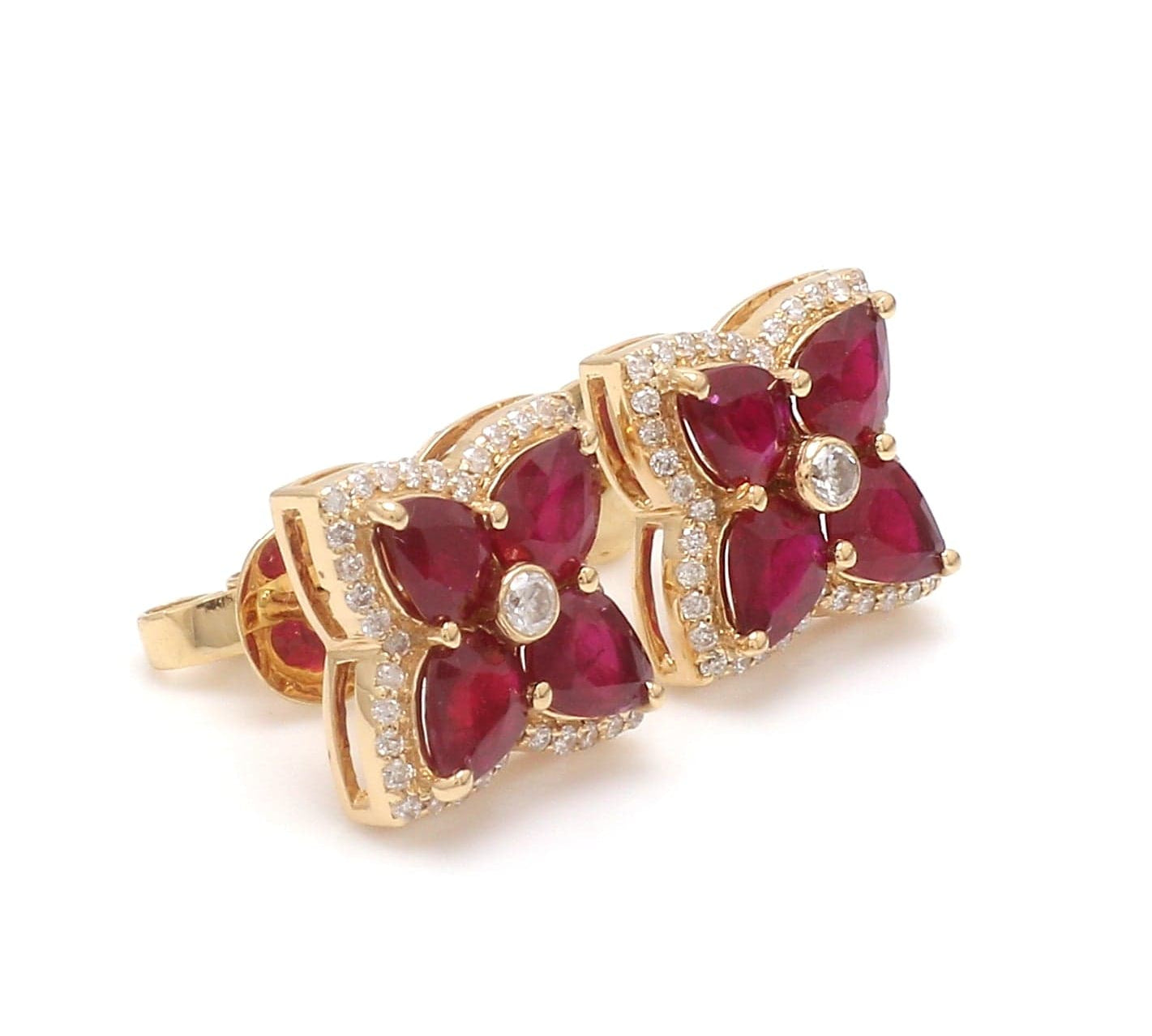 Earrings 14K & 18K Gold Ruby and Diamond Clover Flower Stud Earrings