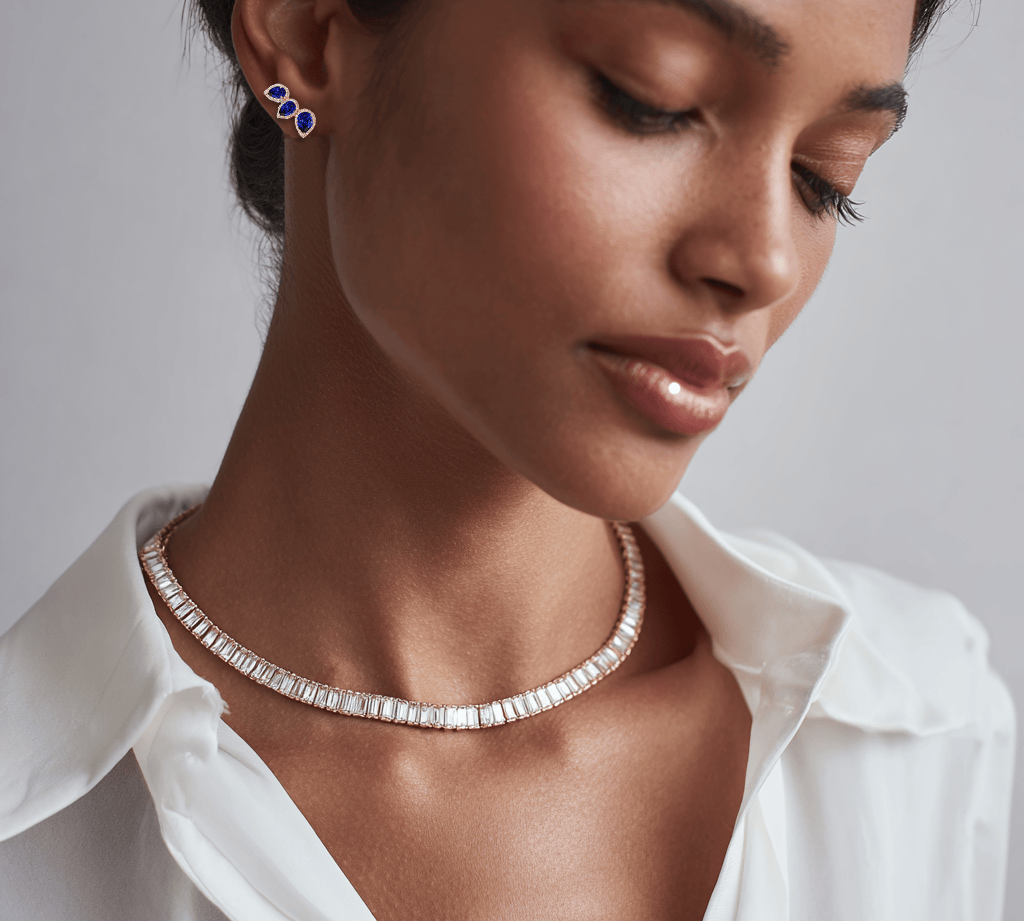 Earrings 14K & 18K Gold Three Pear Blue Sapphire and Diamond Crawler Earrings