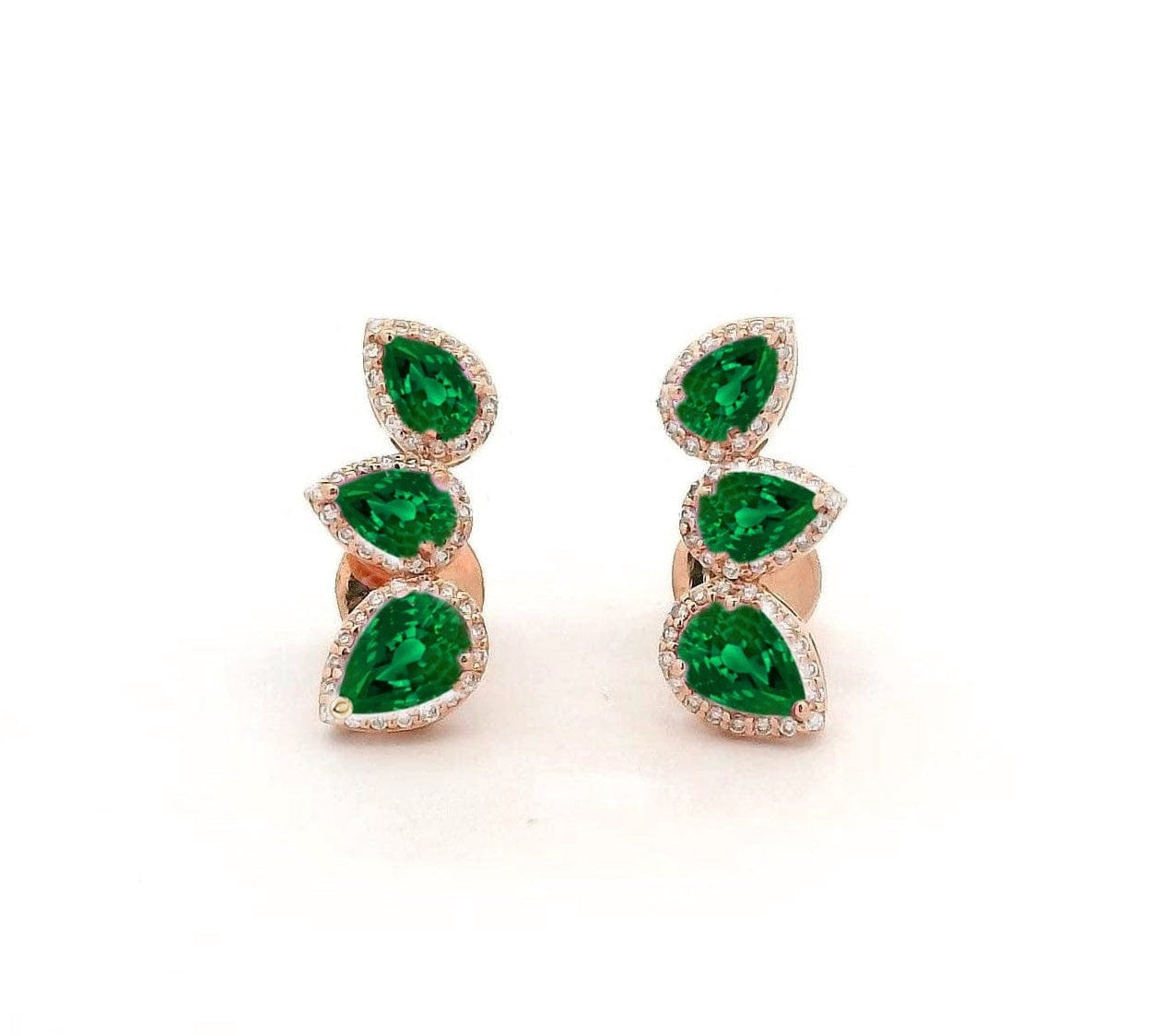 Earrings 14K & 18K Gold Three Pear Emerald and Diamond Crawler Earrings