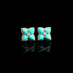 Earrings 14K & 18K Gold Turquoise and Diamond Clover Flower Stud Earrings