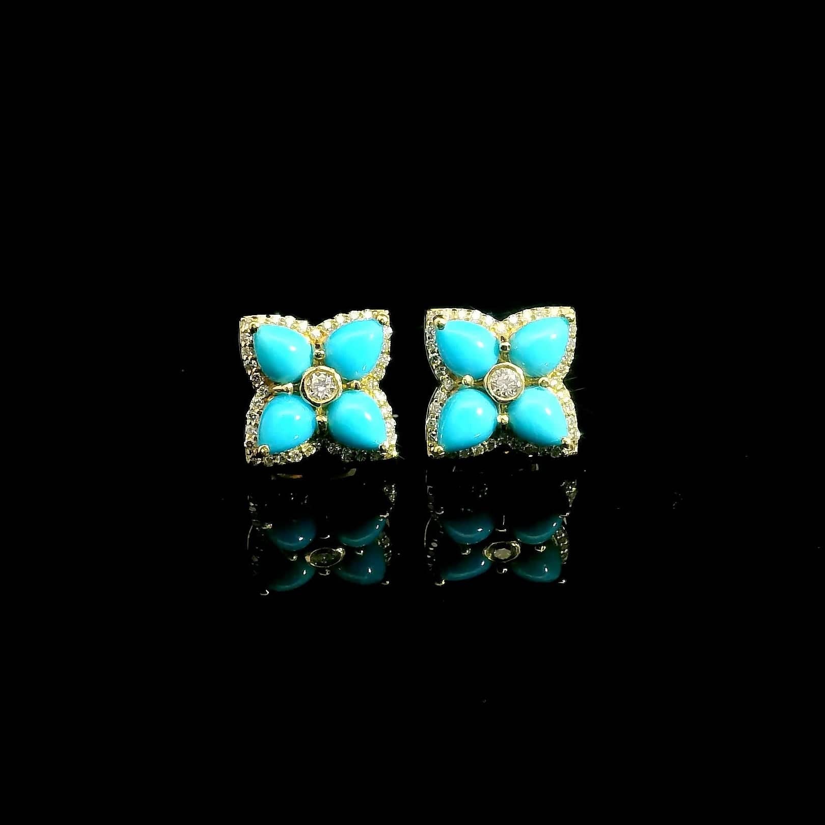 Earrings 14K & 18K Gold Turquoise and Diamond Clover Flower Stud Earrings