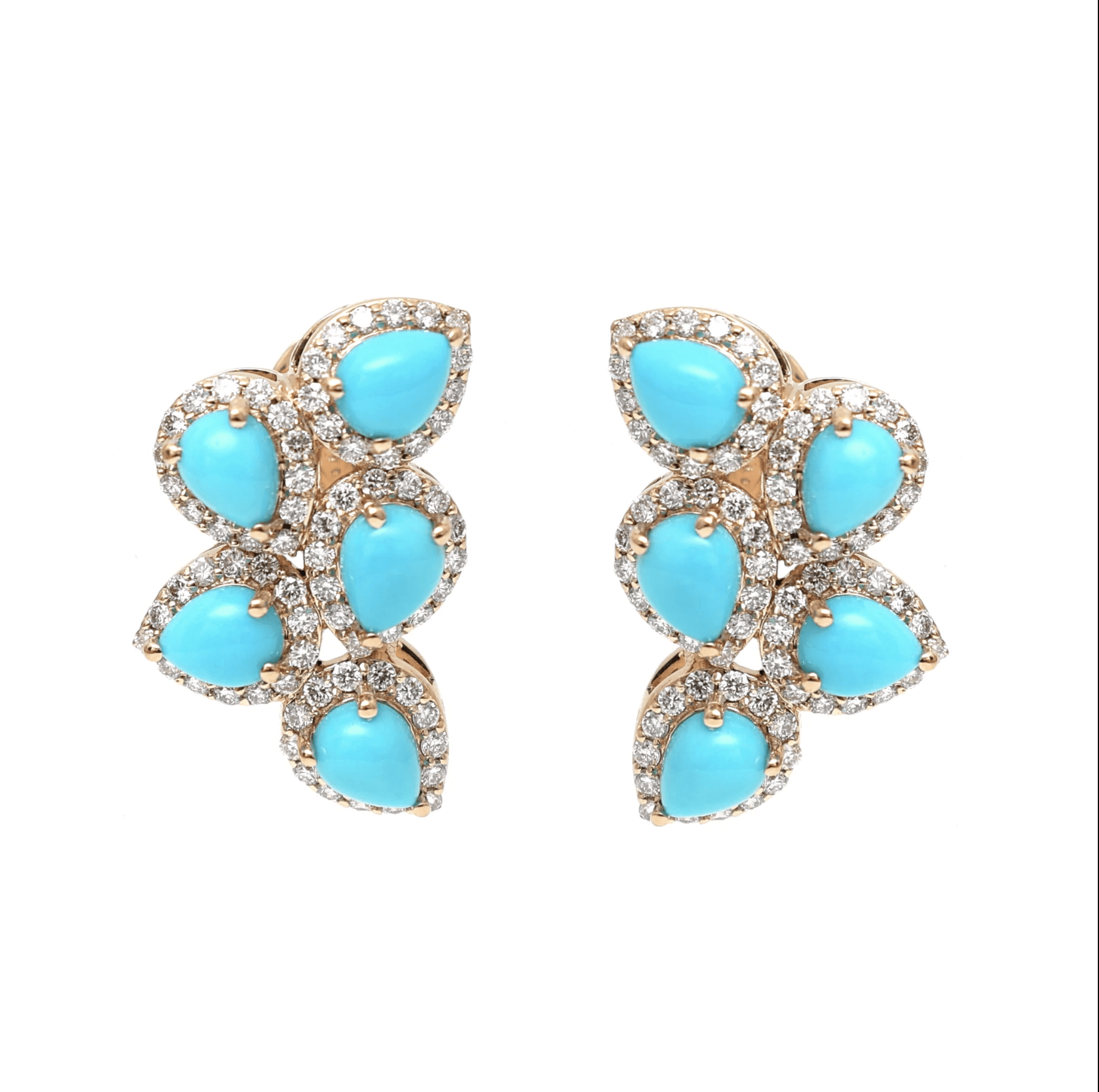 Earrings 14K & 18K Gold Turquoise and Diamond Cluster Drop Heart Stud Earrings