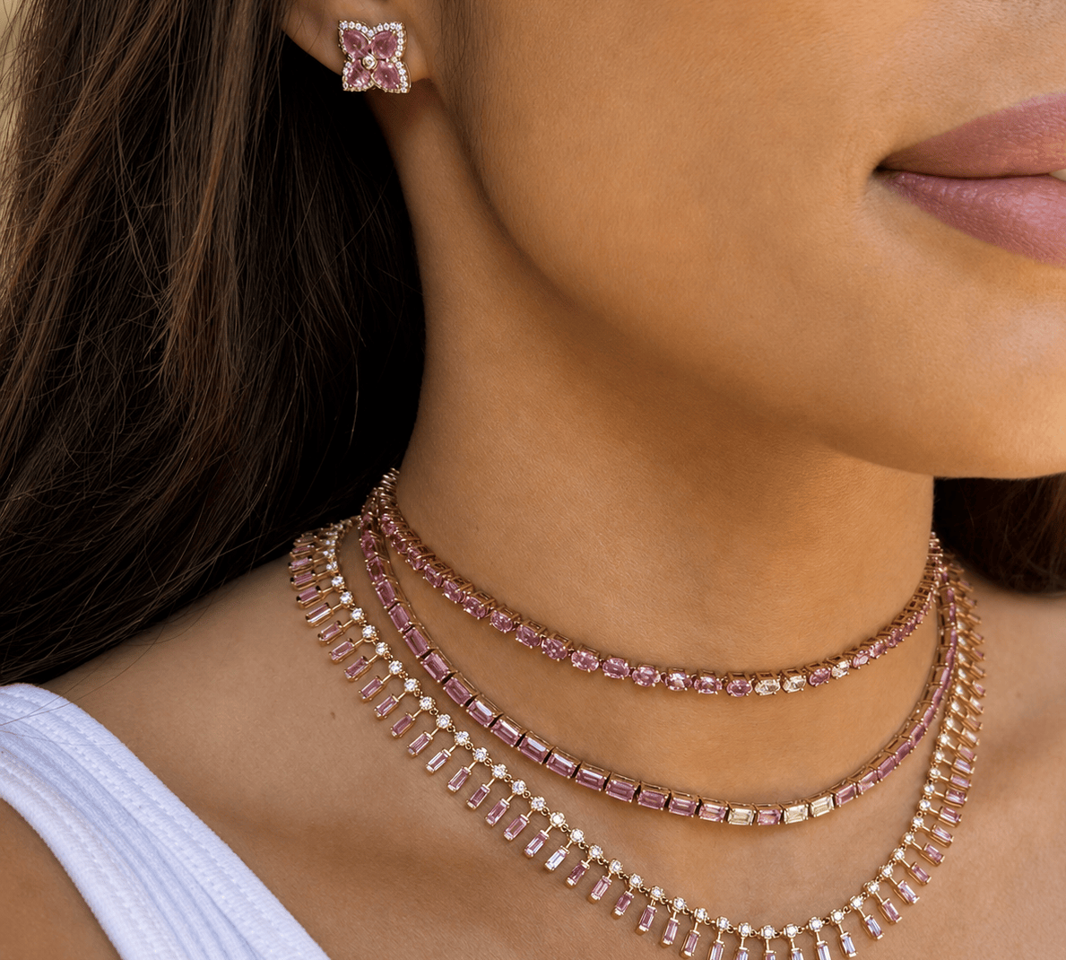 Earrings 14K and 18K Gold Pink Sapphire and Diamond Clover Flower Stud Earrings