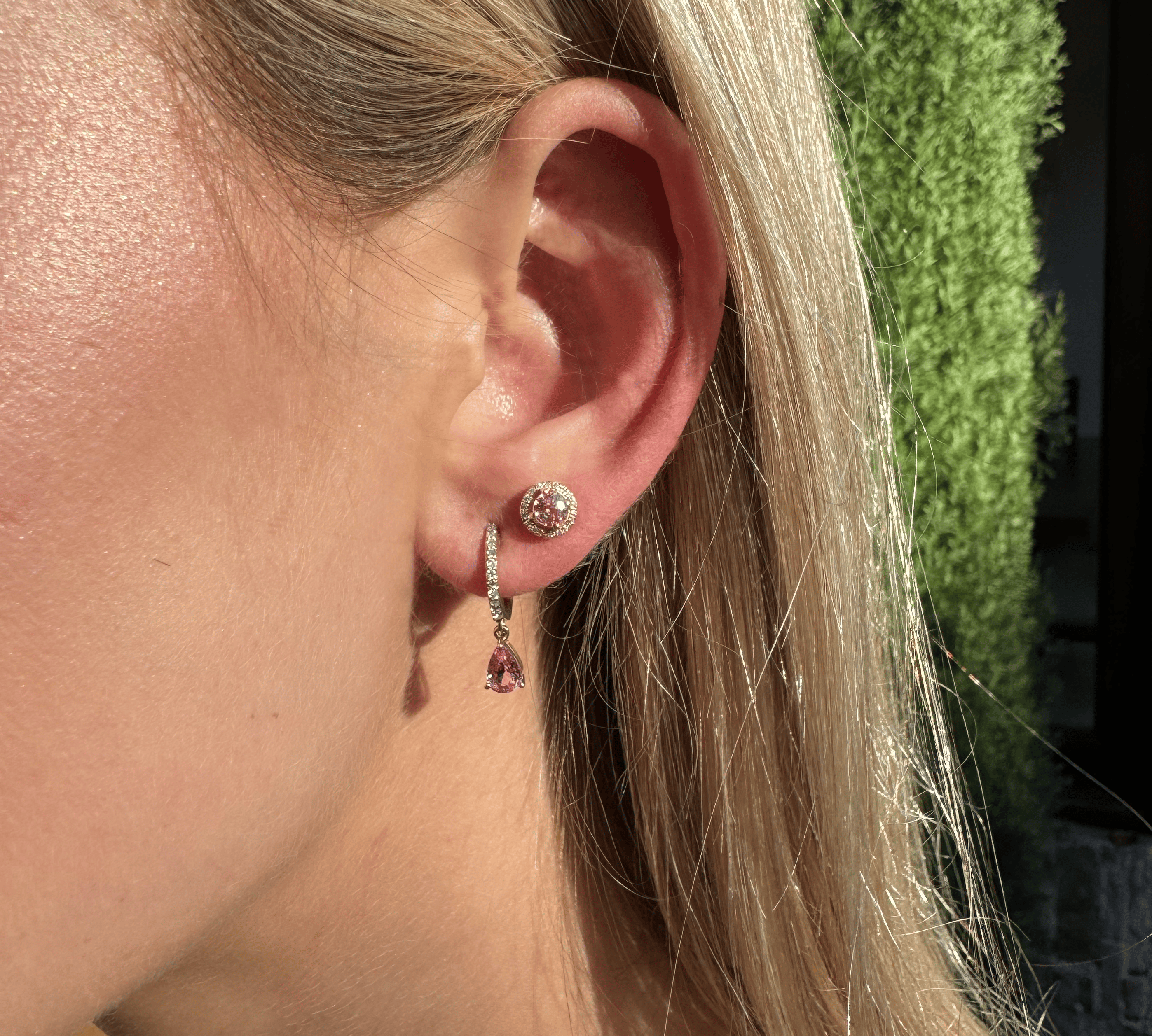 Earrings 14K and 18K Gold Pink Sapphire Pear Dangle Huggie Hoop Earrings