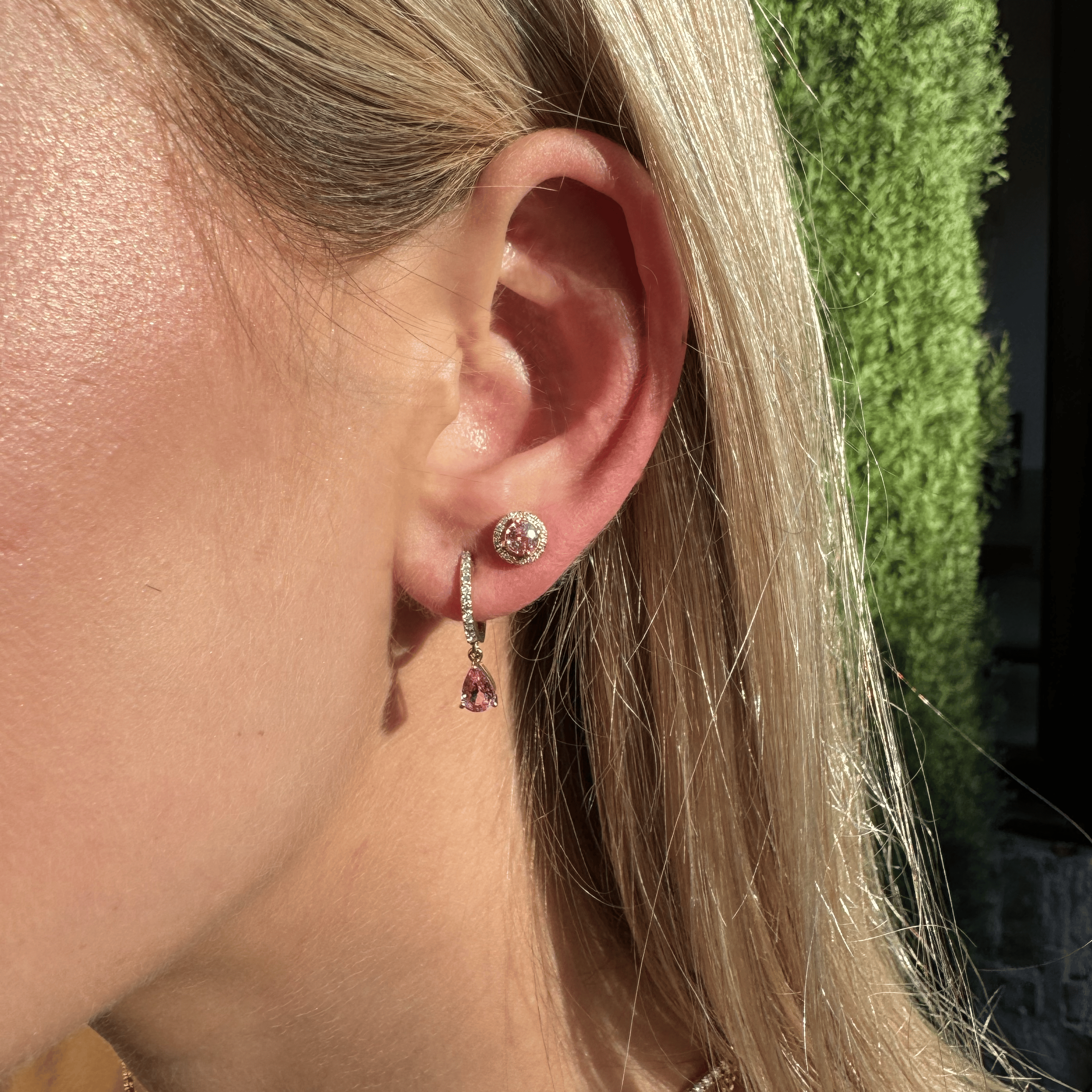 Earrings 14K and 18K Gold Pink Sapphire Pear Dangle Huggie Hoop Earrings