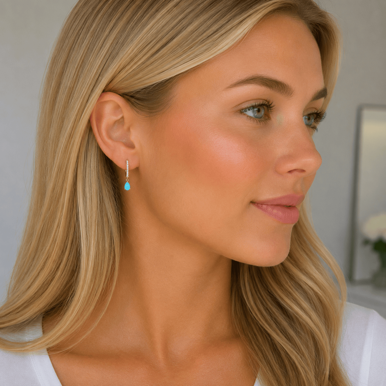 Earrings 14K and 18K Gold Turquoise Pear Dangle Huggie Hoop Earrings